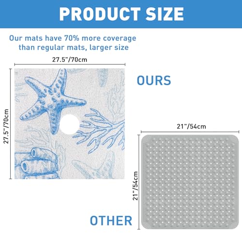 Image of Square Shower Mat Non Slip: 27 x 27 Inch Extra Large Shower Mats with Drain Hole in Middle - PVC Loofah Anti Slip Shower Floor Matt for Inside Shower