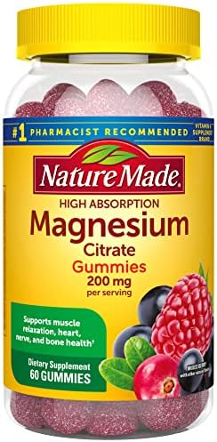 Nature Made High Absorption Magnesium Citrate 200 mg per serving, Dietary Supplement for Muscle, Nerve, Bone and Heart Support, 60 Gummies, 30 Day Supply