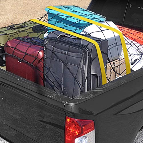 Bigtur 4'X6' Cargo Net For Pickup Truck Beds, Bungee Net Stretches To 8'X12' For Oversized Rooftop Cargo Rack, With Small 3 X 3 Mesh, 4 Strong Elastic Baggage Cords And 12 D-Clips + 12 Hooks #TOP5