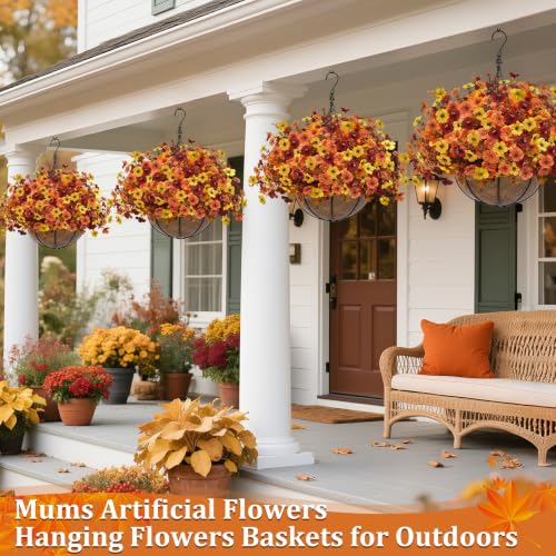 2 Sets Artificial Fall Mums Hanging Flowers Plants Baskets, 504 UV Resistant Faux Silk Violet Fake Chrysanthemum in Planter Realistic Look for Autumn Porch Home Patio Garden Yard Outdoor Decor by Grandeal - Used condition - Image 2