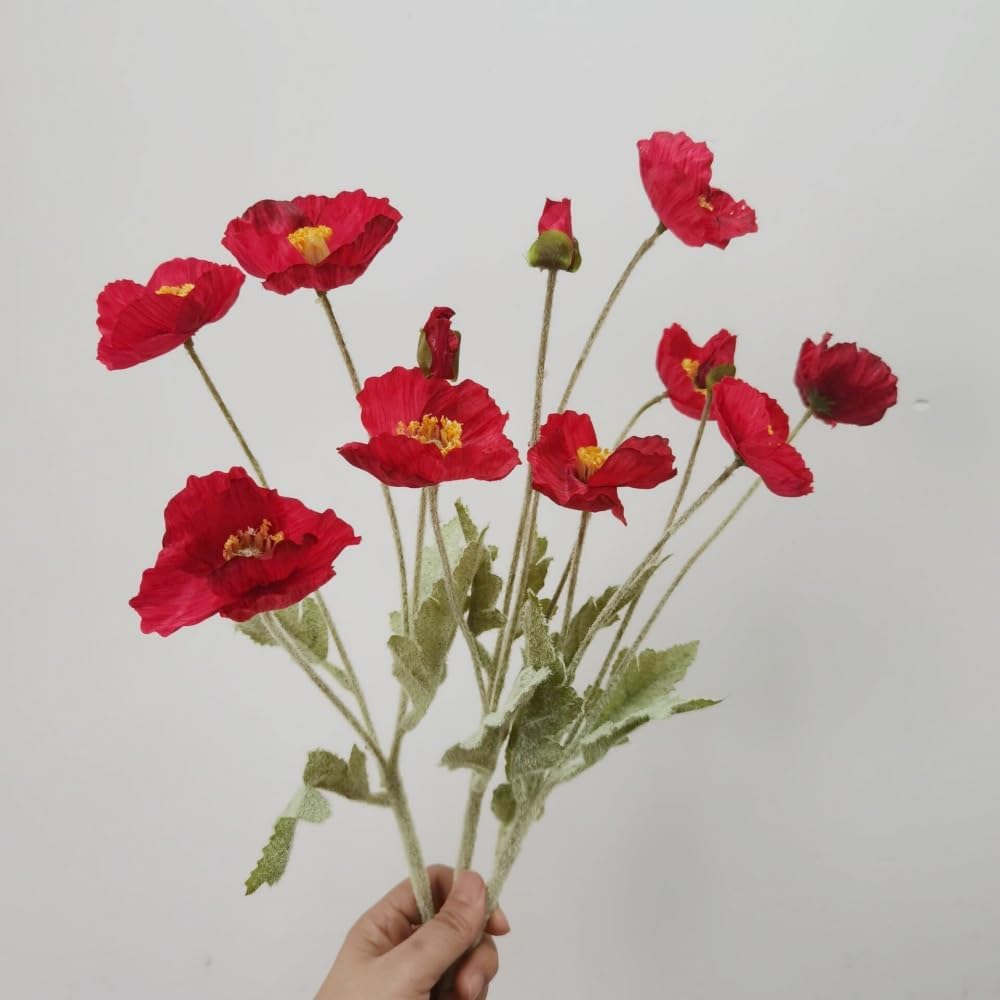 3 Bundles of 22 inches Tall Red Poppy Flowers Artificial,Ranunculus Artificial Flowers,Faux Flower Stems for Wedding,Party, Outdoor Indoor Decor Flower Arrangements for Table