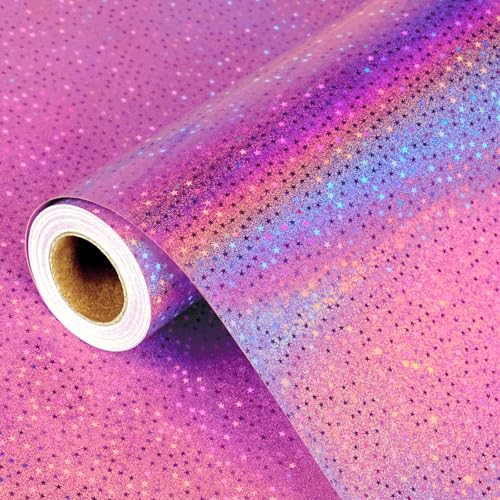 MAMUNU Pink Wrapping Paper Roll, Holographic Metallic Iridescent Gift Wrapping Paper, Shiny Pink Stars Foil Gift Wrap Paper for Birthday Christmas Wedding Baby Shower Valentine's Day, 17Inch × 33Feet