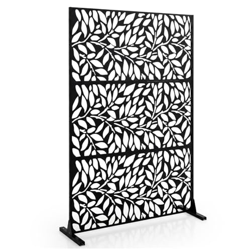 Image of COSTWAY Decorative Garden Privacy Screen with Stand, 183x121cm Freestanding Metal Outdoor Divider, Rustproof Decorative Privacy Panel Fence Screening for Garden Patio Pool Hot Tub (Black, Foliage)