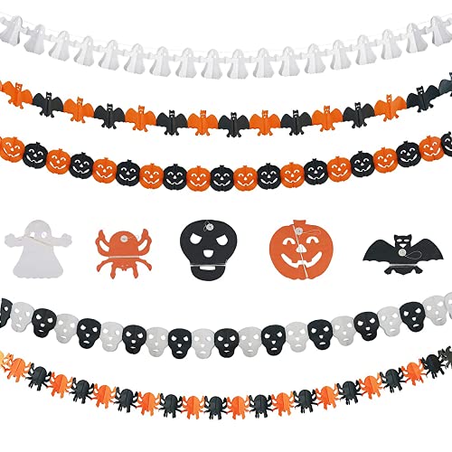 Lnmyic 5 PCS Bannière de Guirlande Halloween, Décoration Halloween de Guirlande de Papier de Papier d'halloween, Ghost Citrouille Chauve-Souris crâne tête de fantôme, d'araignée Cover