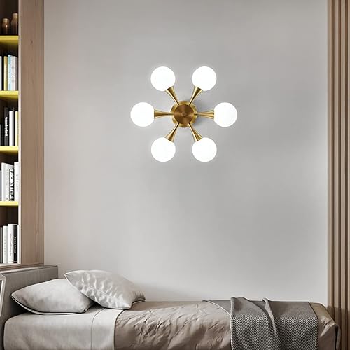 Miniatura 3 de Lámpara colgante de techo de latón cepillado dorado de 6 luces, lámpara de techo empotrada de vidrio con pantalla de globo de vidrio esmerilado