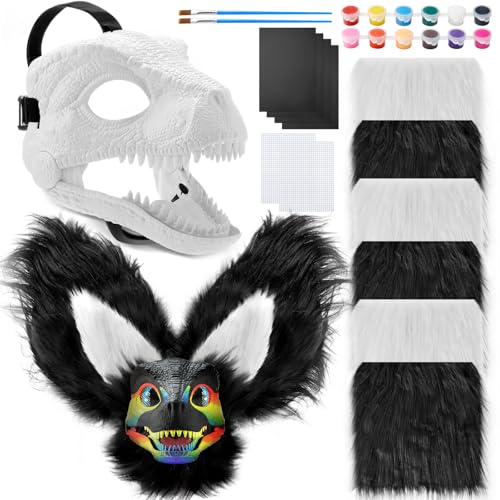 Seenelling 13 Pcs DIY Dino Mask Kit Hard Plastic Dinosaur Mask Furry Therian Dino Costume Kit Animal Dinosaur Party Costume(Black, White)
