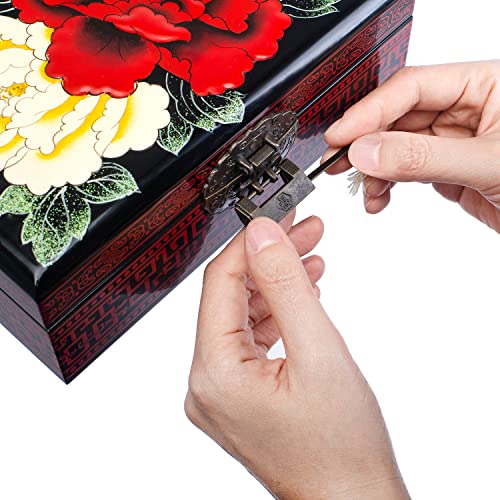 Wood Lacquer Jewelry Box - Antique Treasure Box Handmade Black Painted Peony Decorative Box With Lock Mirror For Jewelries, Watches, Necklace, Ring, Glasses, Rectangle Keepsake Box Gifts Female Women #TOP2