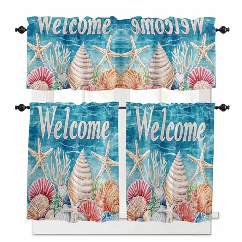 Coastal Ocean Kitchen Curtains 24 Inch Length, 3 Piece Rod Pocket Small Half Tiers and Valance Set, Summer Wave Starfish Coral Shell Small Large Window Treatment Decor for Bedroom/Bathroom Sink