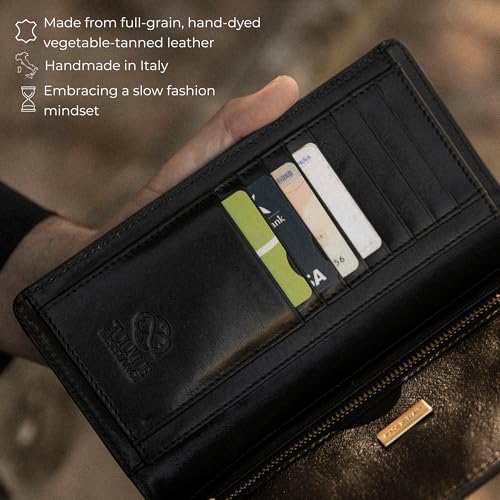 Image of Time Resistance Long Leather Wallet - Bifold Mens Suit Leather Wallet - Checkbook Wallet - Tall Billfold Card Case - Slim Wallet Made in Italy (Black)