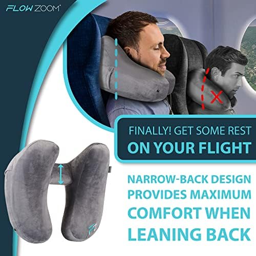 FLOWZOOM AIR Inflatable Travel Pillow for Airplane - Hooded Neck Pillow for Travel - Inflatable Travel Neck Pillow - Plane Pillow - Neck Cushion - Flight Pillow - Travel Neck Pillows for Adults  Grey