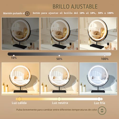 Miniatura 3 de Mantoliteespejo De Pie Con Iluminación Led, Espejo Cosmético Regulable, 3 Colores, Control Táctil, 40 Cm, Negro
