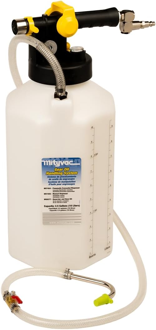 Mityvac MV7454 Pneumatic Gear Oil Compressed Air Dispenser, 2.5 Gallon (10 Liter) Reservoir, 10mm Internal Tube, Fluid Level Indicators, Fluid Dispensing Wand, Hanging Hook, 20-25 PSI Max Pressure