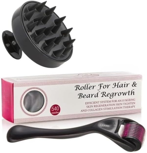 LIMTAS Roller For Hairr & Beard Regrowth with 540 Titanium Alloy Needles and , Promotes Beard Growth, Hairr Regrowth & Reduces Acne Scars, Safe & Effective To Use with Round Hairr Scalp Manual Massager Shampoo Hairr Brush Set of 2- Multi-Colour