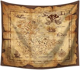 QCWN Treasure Map Tapestry Wall Hanging,Island Map Super Detailed Treasure Map Pirates Gold Secret Sea History Theme, Wall Hanig for Bedroom Living Room Dorm Decor Beige and Brown 59x51Inc