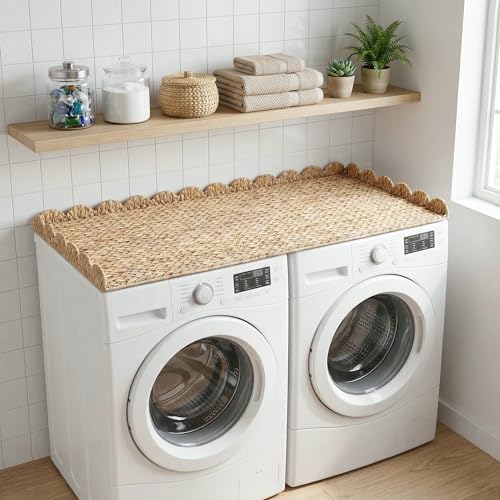 Coeusy Wicker Washer Dryer Countertop, 54" W x 27.5" D Water Hyacinth Woven Washer and Dryer Countertop, Boho Decorative Laundry Topper with Scalloped Edge for Laundry Room Organization (Natural) by Coeusy - Used condition - US$75.99