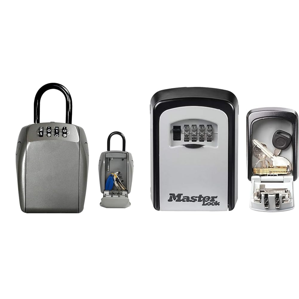 Master Lock Boite a clef sécurité renforcée, A Anse, Extérieur, 18.8 x 10.5 x 4.6 cm & Boite a clef sécurisée, Fixation murale, Extérieur, 11.9 x 8.5 x 3.6 cm, Gris/Noir