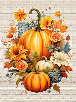 MjhRcll Fall Diamond Painting Kits for Adults,5D DIY Diamond Art Kits Full Round Drill, Pumpkins with Flowers Picture Paint with Diamonds Crafts Mosaic Art for Home Wall Decor 12X16 Inch(30X40CM