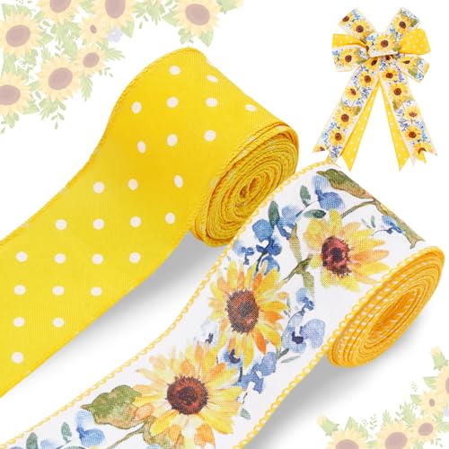 Sunflower Dot Wired Edge Ribbons Spring Summer Floral Gift Wrap Ribbon Yellow White Flower Craft Ribbon for DIY Crafts Wreath Bow Making Wrapping Party Decor Supplies, 2 Rolls, 20 Yard