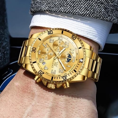 OLEVS Gold Watches for Men Moon Phase Quartz Battery Large Face Watches for Men Classic Stainless Steel Three Hands Analog Mens Chronograph Watch Nice Multifunction Waterproof Watch for Young Mens — view 3