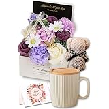 upFRAME 詰め合わせギフト ソープフラワー マグカップ 蓋付き くまタオル お花 コーヒーカップセット ボックス お母さん 母の日 プレゼント 退職祝い 女性 誕生日 おしゃれ ハンドタオル 敬老の日 退職祝い 卒業祝い 送別 結婚祝い birthday gift ギフト (purple花-白マグ)