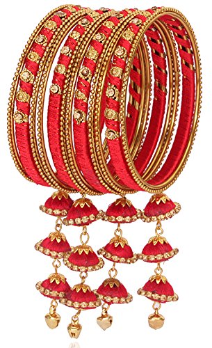 Image of NMII Metal & Silk Thread Jhumka Zircon Latkan Stylish Bangles Set For Women's and Girls | Women's Fancy Latkan Bangles Set | Ethnic Fashion Jewellery- Set of 12 Bangle, (G405 Red-2.4)