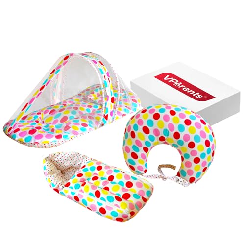 Image of VParents MIte (Polka Dots) Cotton Combo: Nursing Support, Mosquito Net Attached Bed and Carrying Nest