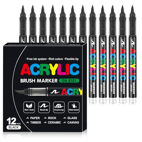 WOGOPRO Feutre Acrylique Noir, 12 Marqueur Acrylique, Liquide Direct Acrylic Paint Marker, Stylo Acrylic pour Coloriage, Calligraphie, Bois, Pierre, Toile,...