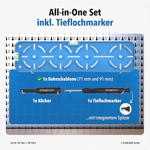 STONE REEF Bohrschablone für Steckdosen [inkl. Tieflochmarker] Perfekt für Trockenbau, Hohlraumdosen und Unterputzdose, Elektriker Wasserwaage, Schablone für Bohrkrone, Steckdosenbohrer 71mm und 91mm