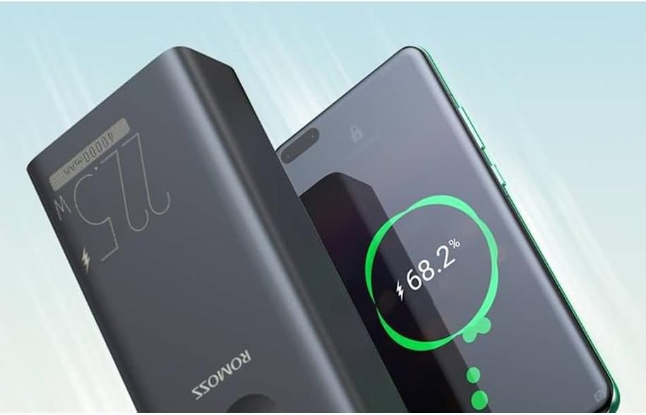 Close-up of Romoss PEA40PF Powerbank charging a smartphone.