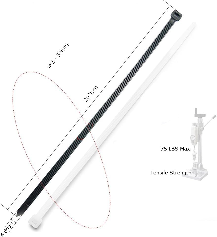 Beshine Black Cable Ties, 200mm x 4.8mm, Pack of 200, 8" Tie Wraps - Image 2