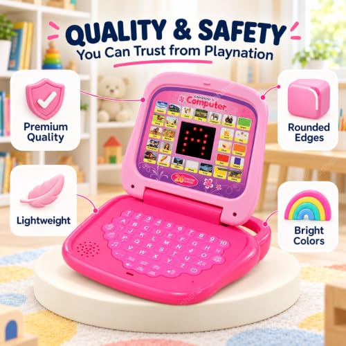 Image of Graphene Educational Learning Laptop Toy Mini Computer for Kids Tablet Led Display Music Games Fun Activities Baby Laptop Battery Operated Indoor Toys Gift for 2 3 4 5 Years Girl Boy Pink