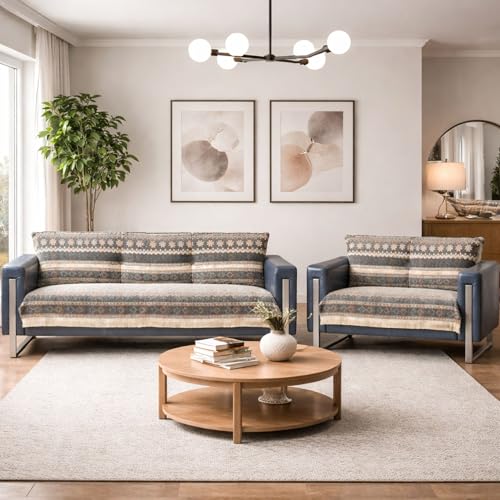 Image of Elegant Woven Grey Sofa Cover - Soft Chenille Traditional Pattern with Lace Style | L-Shape Sectional Seat Protector for Living Room | Durable & Stylish Slipcover 3+2 Seater Sofa Cover