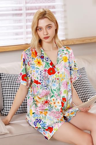 Image of YiNi LuLu Womens Silk Satin Shorts Pajamas Set Button Down 2 Piece Pjs Short Sleeve Oversized Sleepwear with Pockets