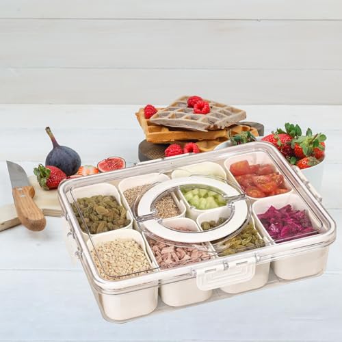 Lahnaokfis 8 Fächern Snackbox mit Fächern, Snackteller mit Deckel, Snackschale mit Griff, Tragbar und Vielseitige Snackbox Organizer, Kinder Obstbox Snackdose für Familientreffen und Picknicks