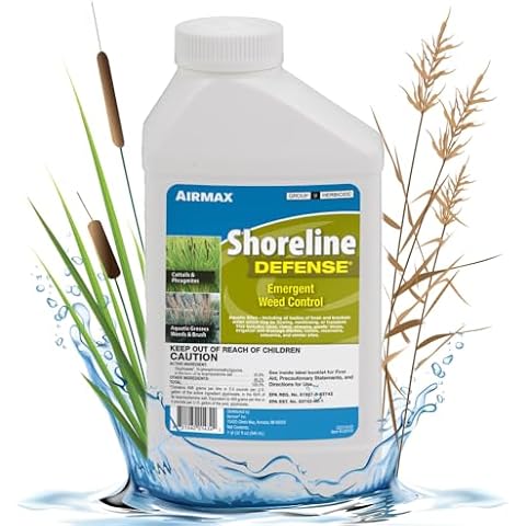 Airmax Shoreline Defense Emergent Weed Control Concentrated Treatment, Aquatic Herbicide (Glyphosate) for Phragmites, Pond Grass & Cattails, 1 Quart Cover