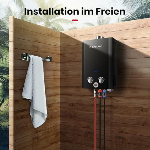 GASLAND BE264B 10L Gas Wasser Heizung, Freistehende Tankless Gasdurchlauferhitzer, Instant LPG Durchlauferhitzer, 30/37mbar,für Campingdusche Pferdedusche
