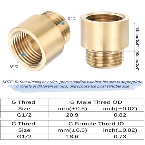 Shower Head Extension Arm, 2 Pack Brass G1/2 Male to G1/2 Female Thread 25mm Length Pipe Fitting Coupler Copper Shower Head Extender with 8M PTFE Pipe Sealant Tape - Thumbnail 3