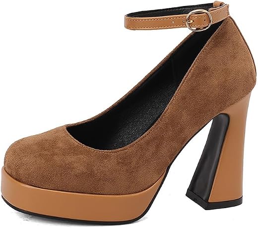 JKaur® Women’s Sandal Thick Bottom Thick Heels Round Toe PU Soft Rubber Sole | Khaki - 38