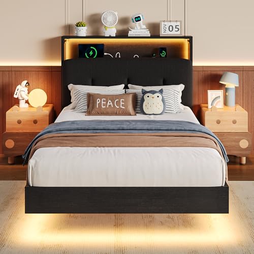 Einhomn Floating Bed Frame Twin with 2-Tier Storage Linen Fabric Upholstered Headboard Wooden Platform Bed Frame w/Charging Station & LED Lights Metal Slats Support No Box Spring Needed Black