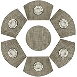 SHACOS Round Table Placemats Wedge Placemats Woven Vinyl Placemat Set of 7 Heat Resistant Table Mats (7, Bamboo Green)