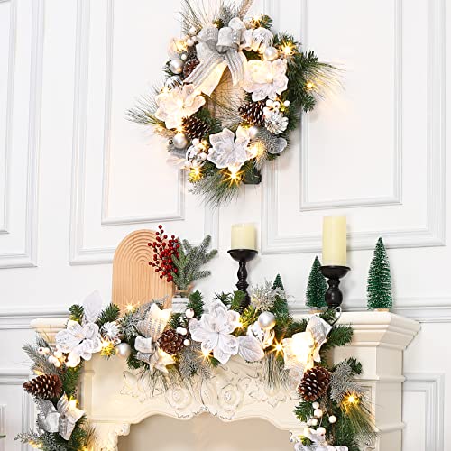 Adeeing Christmas Wreath With Lights, Silver Theme 24In 20Led Pre-Lit Christmas Wreath For Front Door With Ball Ornaments Flowers And Berries For Mantle Window Indoor Outdoor Christmas Decoration #TOP5