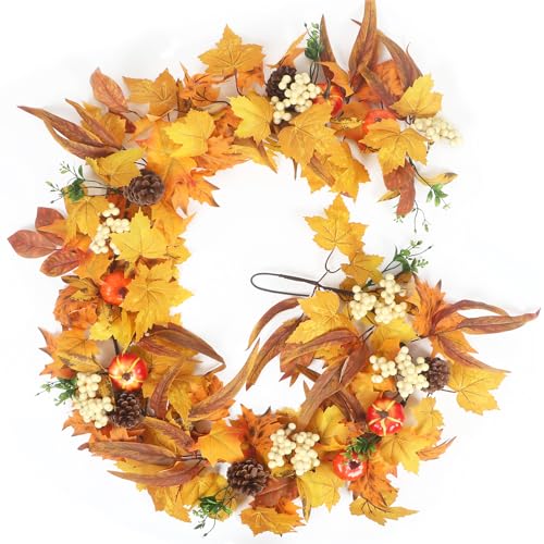 Fall Garland for Mantle,6FT Fall Leaves Pumpkin Garland with Pinecones/Berries for Christmas Decoration,Great Farmhouse Fall Decor for Home.
