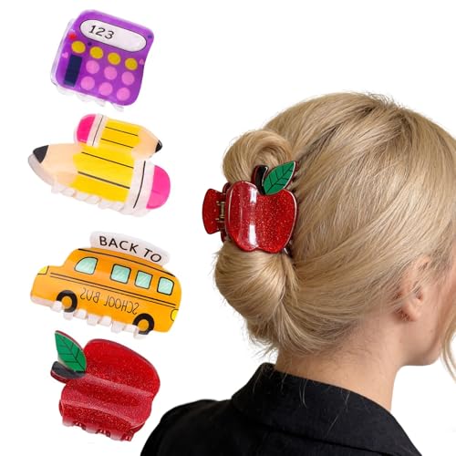 4 Pcs Teacher Hair Clip Funny Teacher Gifts for Women Cute Bus Apple Pencil Hair Clips for Teachers Accessories Teachers Appreciation Gifts Back to School Hair Claw Clips for Thick Thin Hair