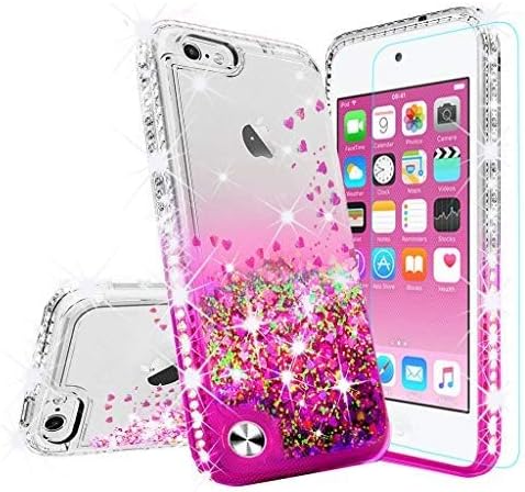 Cases for New iPod Touch Case,iPod Touch 6 Case,iPod 6/5 Case [Tempered Glass Screen Protector],Liquid Glitter Bling Quicksand Cover Compatible for Apple iPod Touch 5/6th/New iPod Touch - Pink/Clear