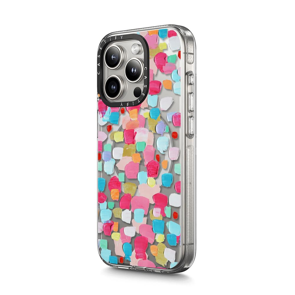 CASETiFY Funda transparente para iPhone 15 Pro (no amarillea/6.5 pies, protección contra caídas de grado militar 3X/Magsafe), confeti magenta, transparente
