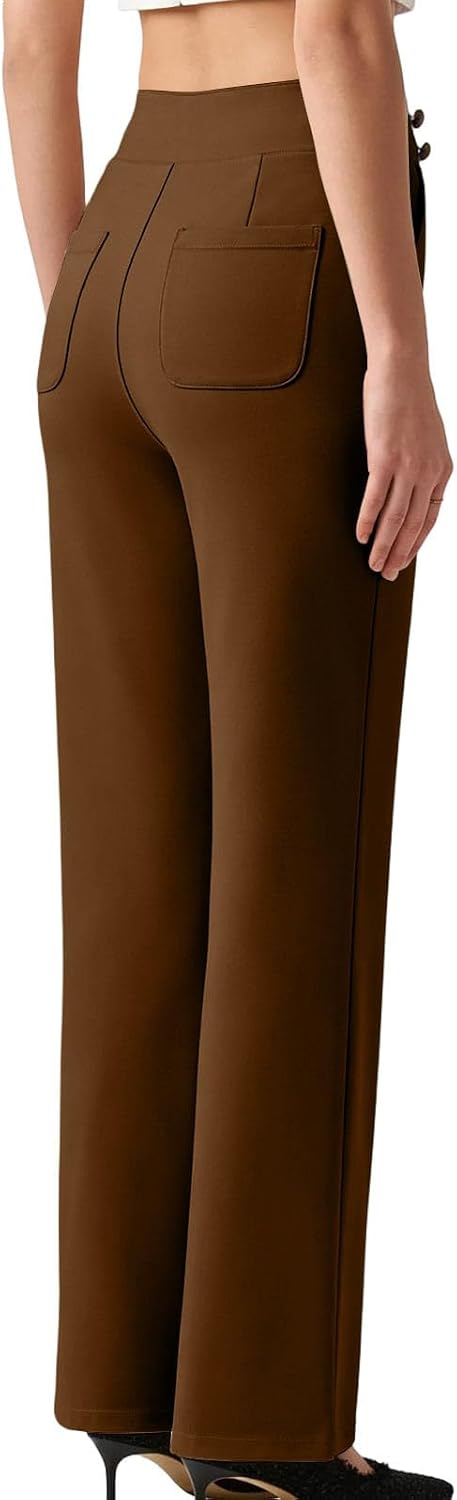 Womens Wide Leg Dress Pants High Waisted Straight Fit Stretch Work Pants Office Business Casual Slacks Pockets