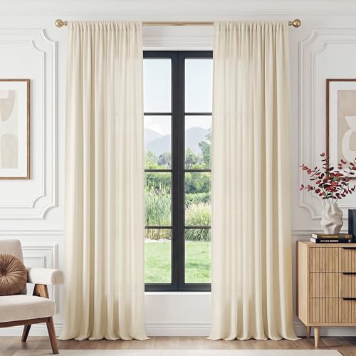 Image of FMFUNCTEX Cream Sheer Curtains, 45 Inch, Rod Pocket, 2 Panels for Bedroom | Butter Cream Semi Sheer Airy Drapes for Living Room, Faux Silk, Light Filtering for Privacy Without Blocking Natural Light