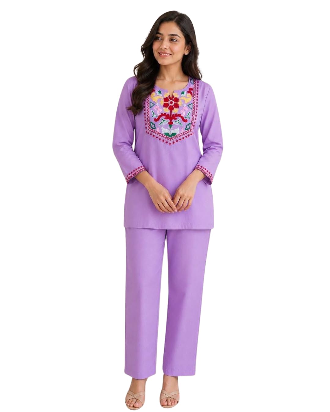 Women's Rayon Slub Embroidered Top with Pant Set StylishTop with Pant Set Set Soft & Comfortable Casual Outfit (IN, Alpha, L, Aafrin-Locender)-picture-19