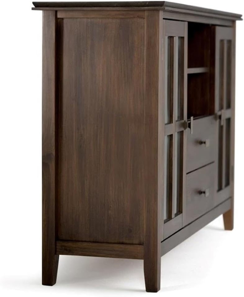 BOWERY HILL Transitional Wood TV Stand, 53" Wide, Natural Aged Brown Finish, Solid Wood, Tempered Glass Doors, Adjustable Shelves, Cord Management, Fits TVs up to 55", Living Room Media Storage Unit