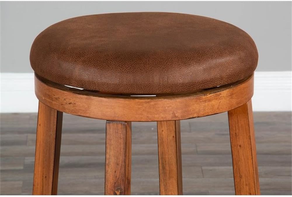 Pemberly Row 24" Mahogany Wood Backless Swivel Stools, Rustic Oak Finish, Vinyl Upholstered Seats, Set of 2, 24" Seat Height, Durable Kitchen or Bar Seating